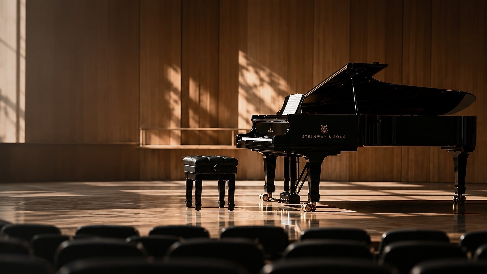 공연장 무대 위의 그랜드피아노와 객석